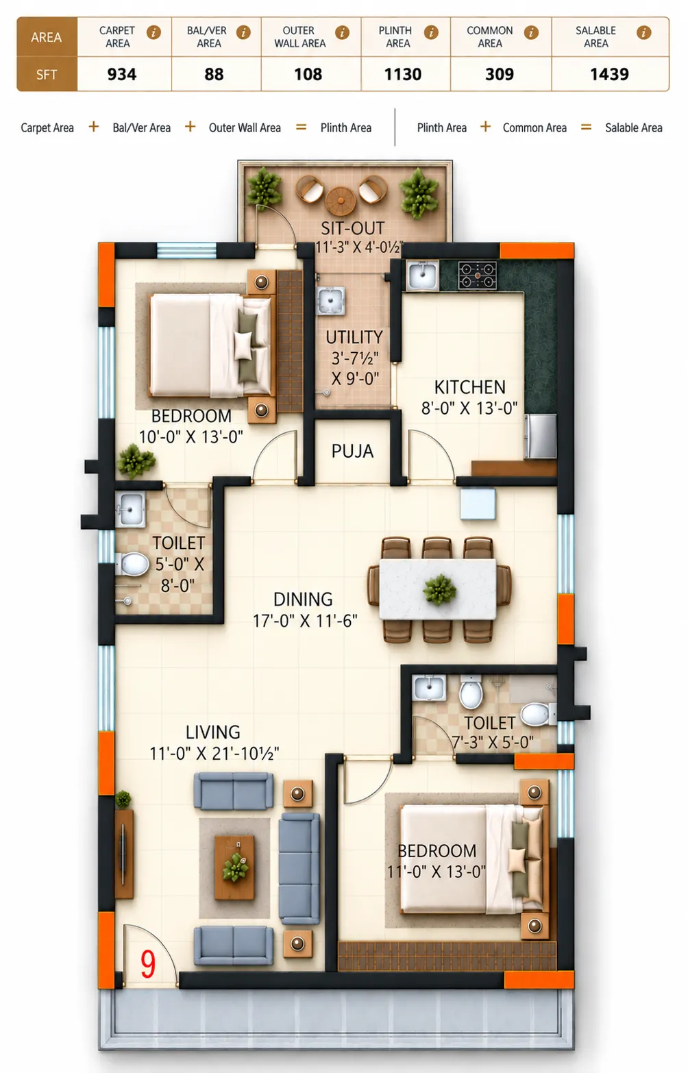 Super Homes Abhirama floor plan 5: West facing, 1,439 sft salable area