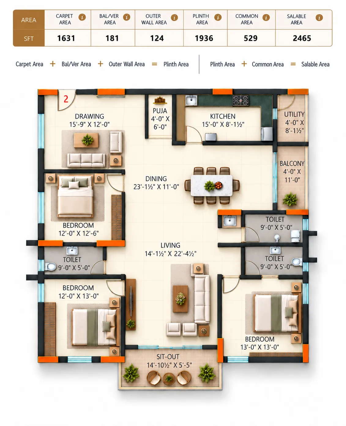 Super Homes Abhirama floor plan 7: East facing, 2,465 sft salable area