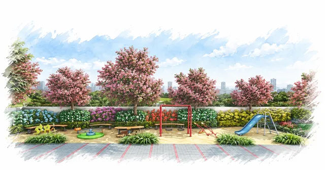Watercolor rendering of the children's play area with landscaping