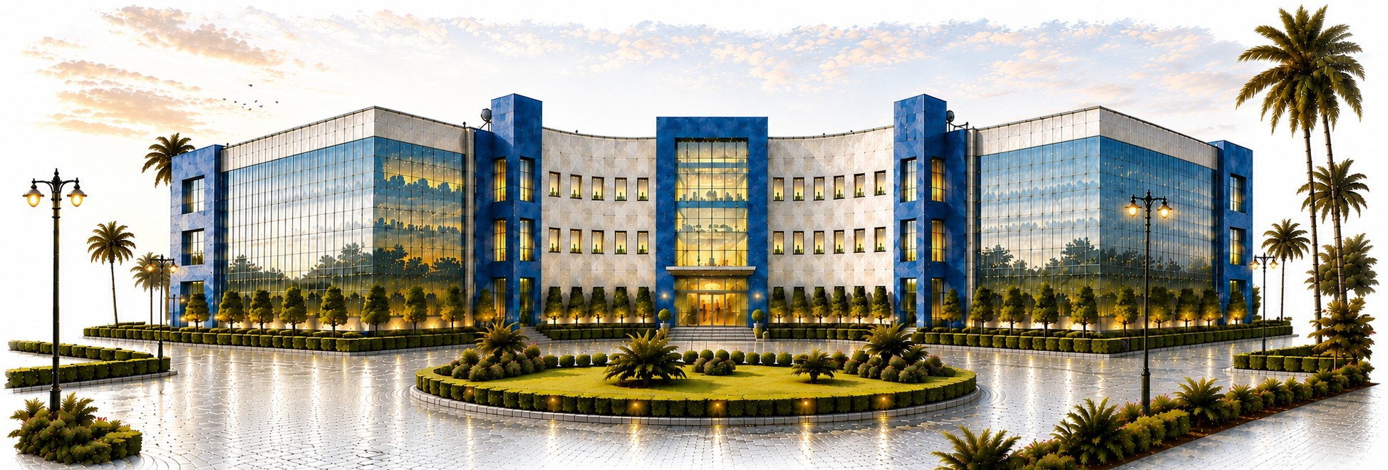 Completed Super Homes commercial building at sunset