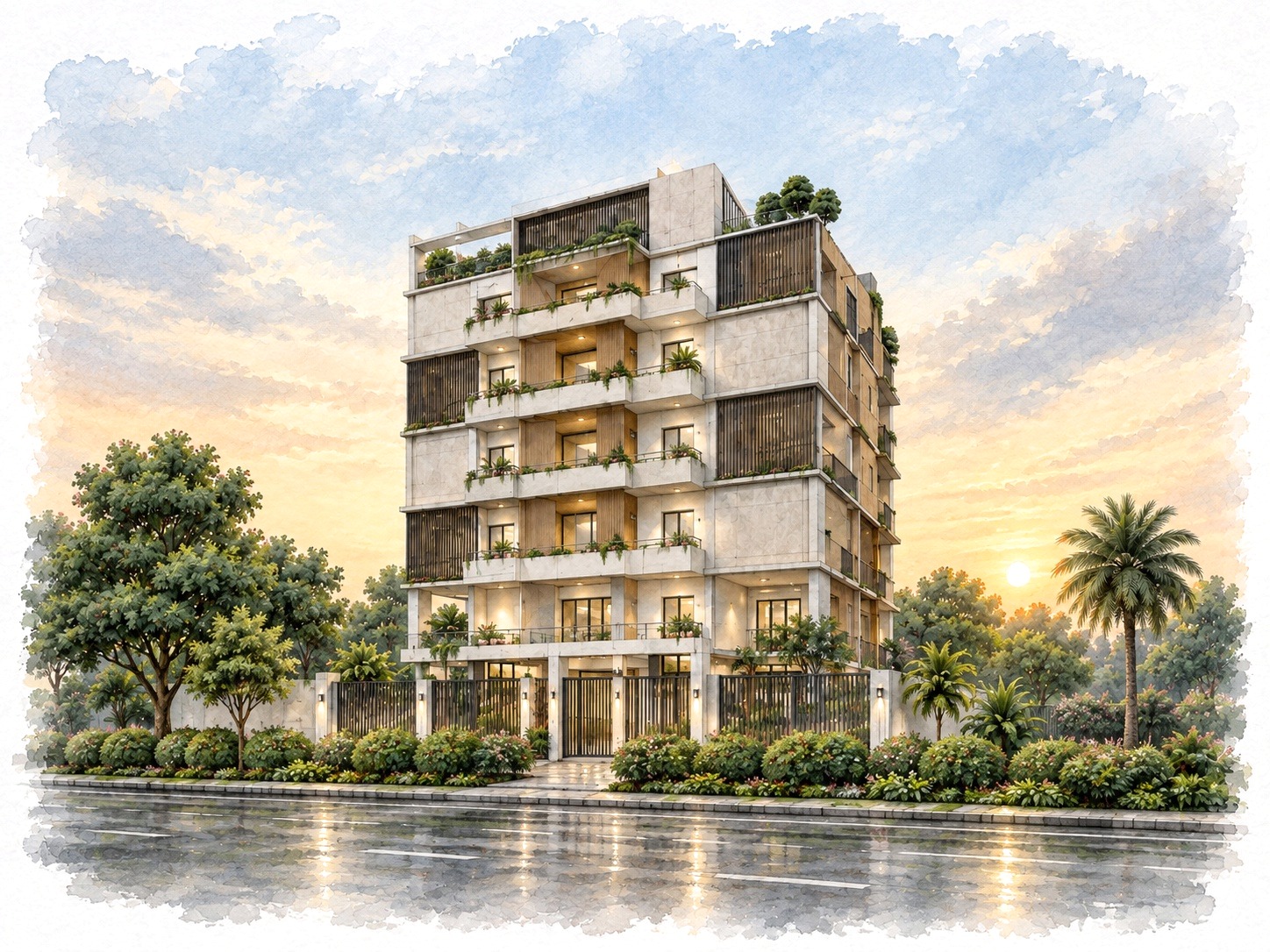 Illustrated rendering of Super Homes Madhuram at sunset