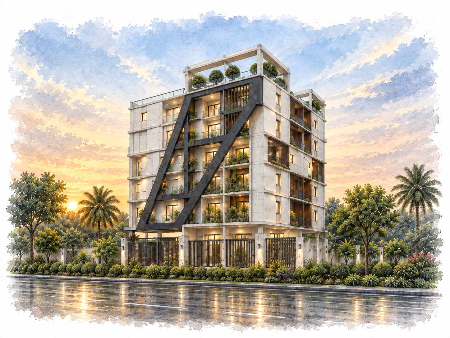 Illustrated rendering of Super Homes Ram Residency at sunset