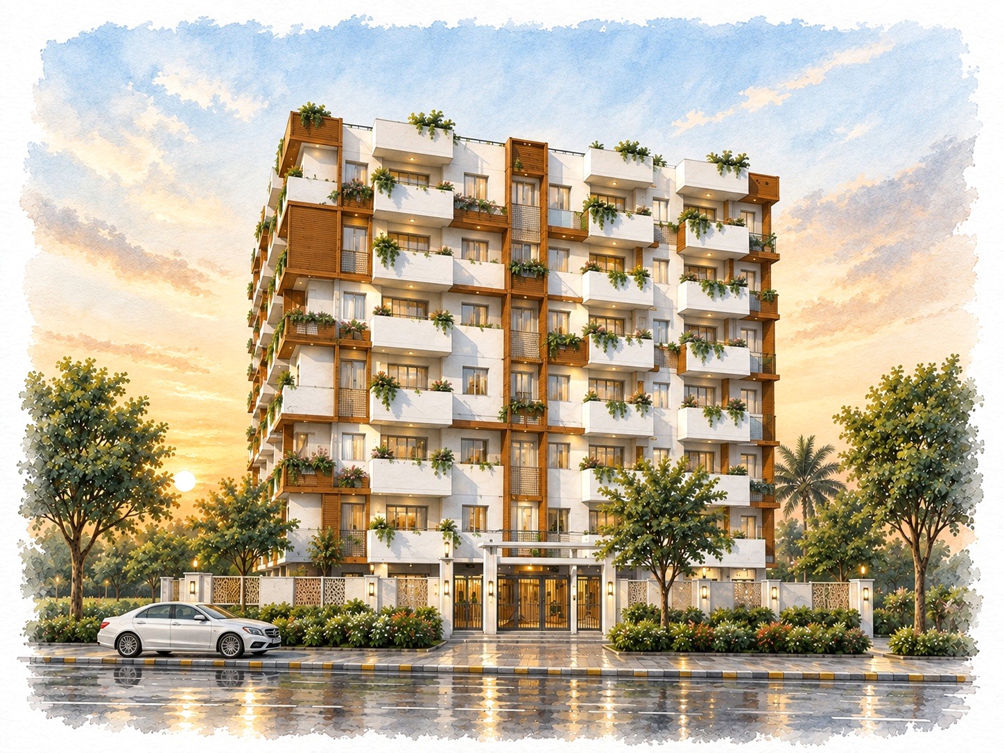 Illustrated rendering of Super Homes Sun Shine at sunset