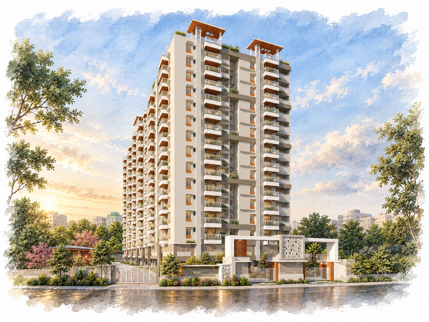 Illustrated rendering of Super Homes Abhirama at sunset